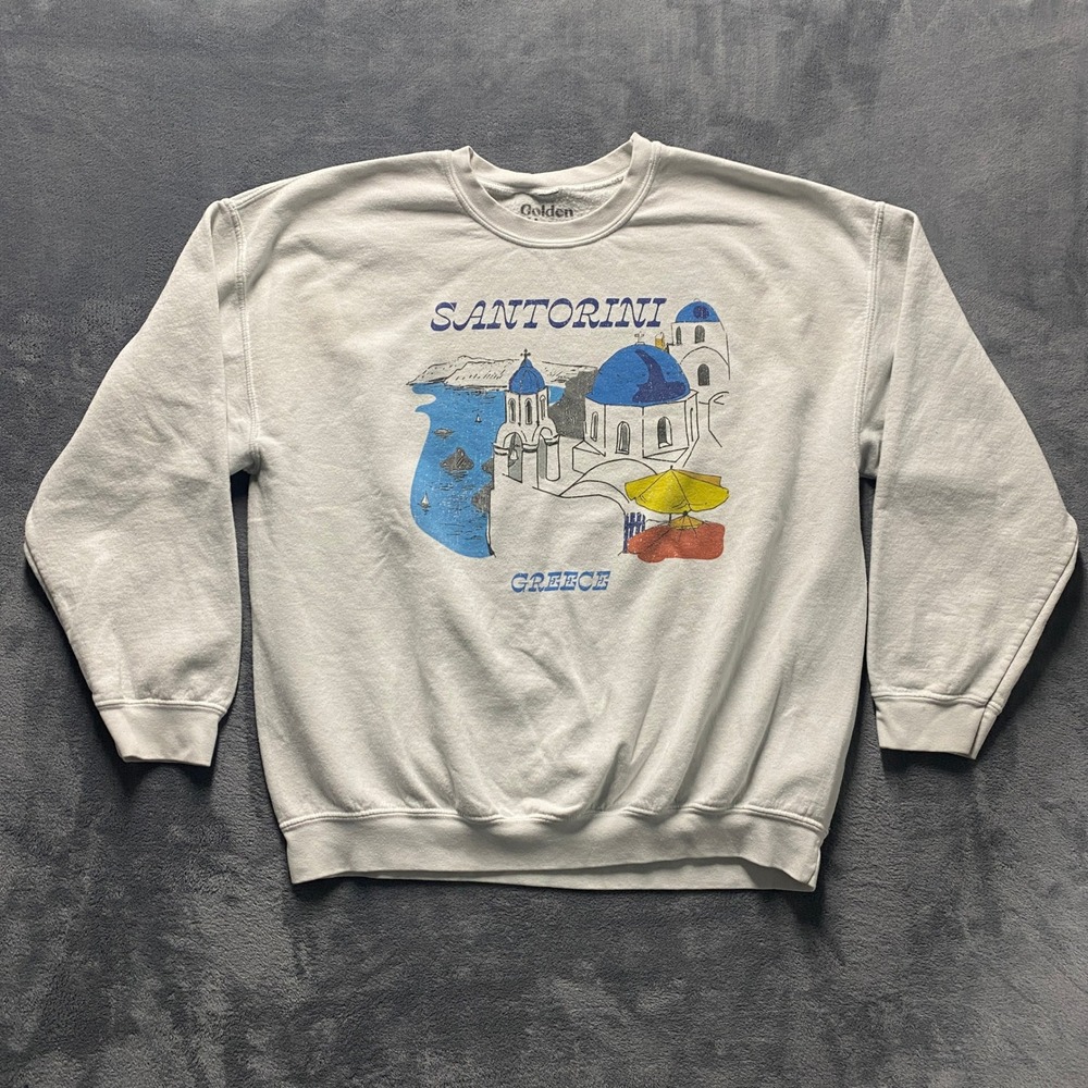 Golden Hour Sweatshirt Mens XL White Excellent Santorini Greece Graphic Pullover